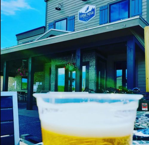 A glass of beer in the foreground with a brewery building and blue sky in the background.