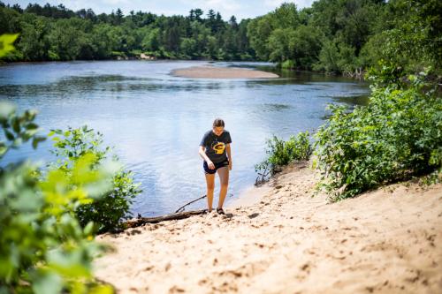 A person walks along a sandy riverbank surrounded by greenery on a sunny day.