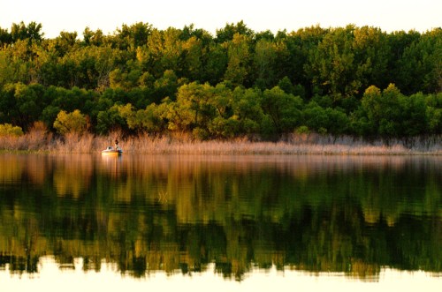 A person fishing from a small boat on a calm lake, surrounded by lush green trees and reflections on the water.