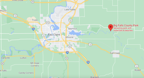 Map showing Eau Claire, Wisconsin, with a marker for Big Falls County Park, noted for waterfalls and beaches.