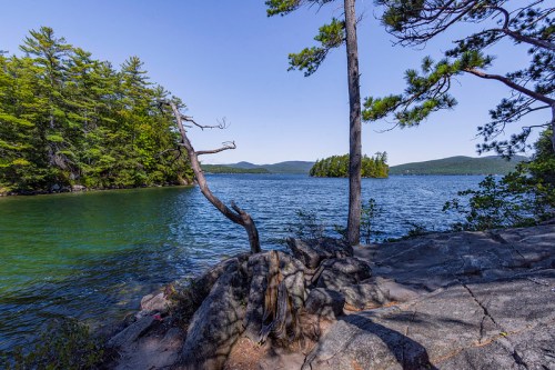 A serene lake scene with rocky shore, trees, and distant hills under a clear blue sky.