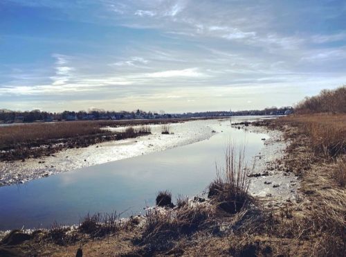 A serene river scene with calm water, grassy banks, and a clear blue sky reflecting the sunlight.
