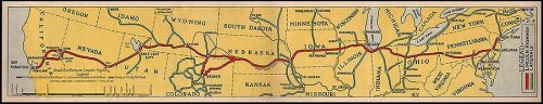 Map showing a route from San Francisco through several states, marked in red, with city names and state borders.