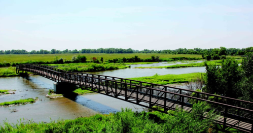 A wooden bridge spans a calm river, surrounded by lush greenery and open fields under a clear blue sky.