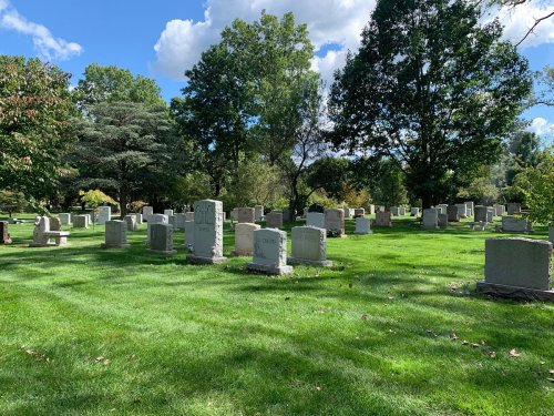 A peaceful cemetery with numerous gravestones set among green grass and trees under a blue sky with clouds.