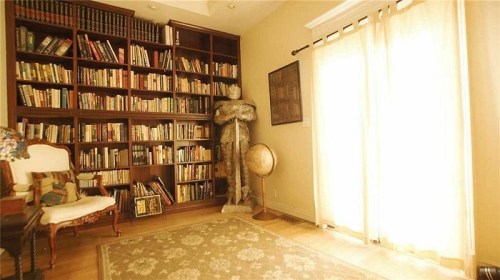 Cozy room with a large bookshelf, a globe, a statue, and natural light streaming through sheer curtains.