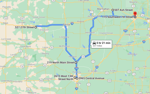 Map showing routes between various locations in Kansas, including 507 Ash Street and 415 Southwest 7th Street.