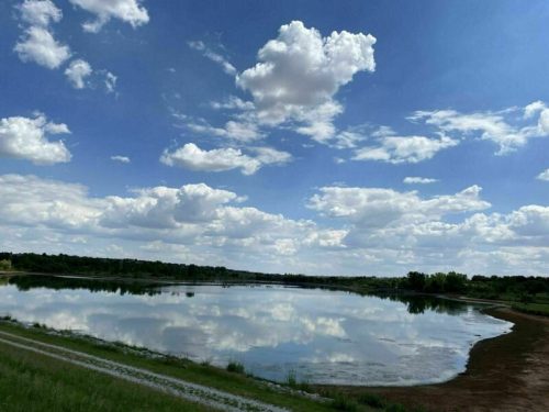 A serene lake reflecting fluffy clouds and a blue sky, surrounded by green trees and a dirt path.