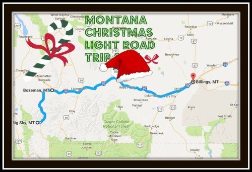 Map of a Montana Christmas light road trip from Bozeman to Billings, featuring festive decorations like a Santa hat and candy cane.
