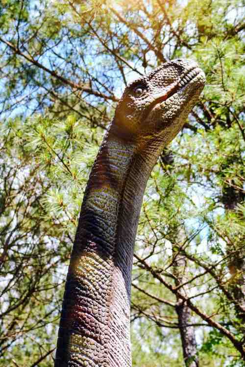 A tall dinosaur sculpture with a long neck, surrounded by trees and sunlight filtering through the leaves.