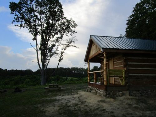 A rustic log cabin with a metal roof, surrounded by trees and open land under a cloudy sky.