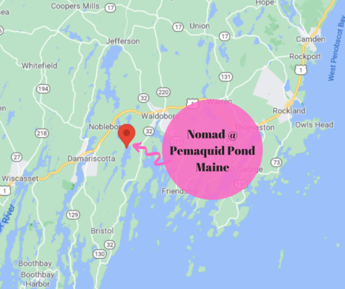 Map highlighting Pemaquid Pond in Maine with a marker for "Nomad" and a pink circle around the location.