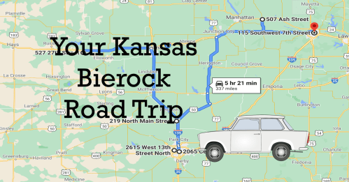 Map showing a road trip route in Kansas with locations and travel time for a bierock-themed journey.