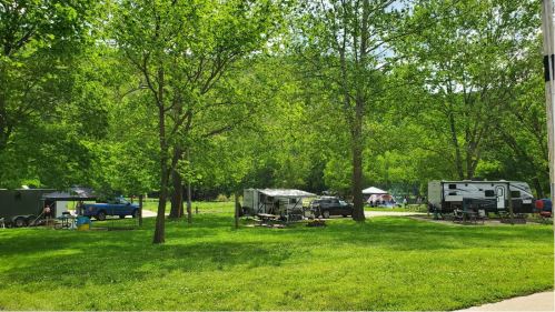 A lush green campsite with several RVs and tents set up among trees on a sunny day.