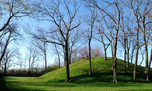 A grassy mound surrounded by bare trees under a clear blue sky, with a few people visible on top of the mound.
