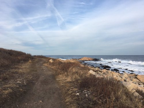 A coastal path lined with dry grass leads to rocky shores and gentle waves under a cloudy sky.