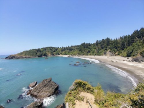 A scenic view of a calm beach with clear blue water, rocky shore, and lush green hills under a clear blue sky.