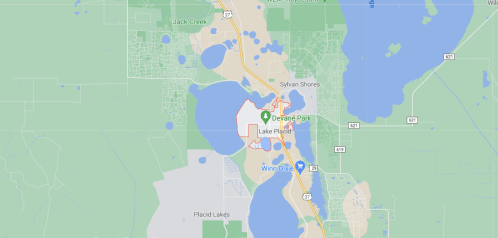Map showing Lake Placid and surrounding areas, including Devane Park, Jack Creek, and nearby lakes.