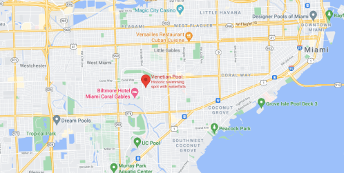 Map of Miami highlighting the Venetian Pool and nearby landmarks, including parks and restaurants.