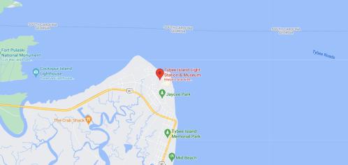Map showing Tybee Island Light Station & Museum, nearby parks, and coastal areas in South Carolina and Georgia.