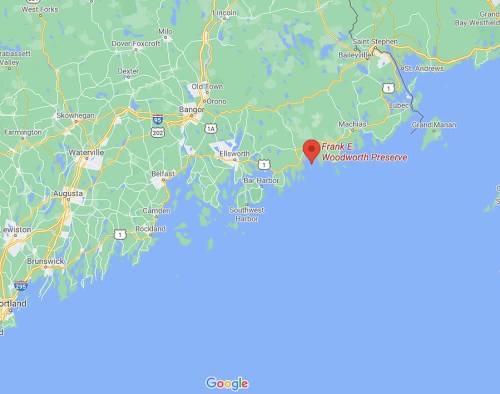 Map showing the location of Frank E. Woodworth Preserve in Maine, near Bar Harbor and the coastline.