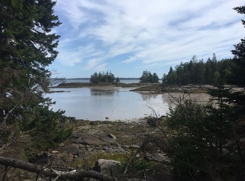 A serene coastal landscape featuring calm waters, rocky shores, and lush trees under a partly cloudy sky.