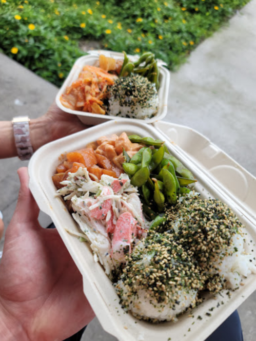 Two takeout containers filled with rice, vegetables, and protein, garnished with sesame seeds, held by a person.