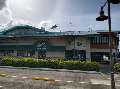 Exterior of Nica's Fish Market with a green roof and signage, surrounded by greenery and a cloudy sky.