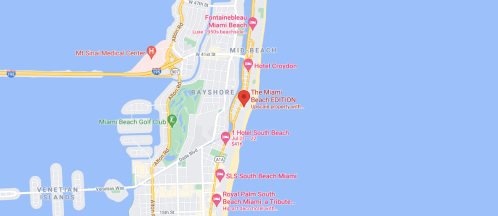 Map of Miami Beach, highlighting locations like The Miami Beach EDITION and nearby hotels along the coastline.