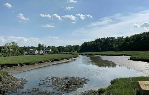 A serene landscape featuring a winding river through green marshes under a blue sky with scattered clouds.