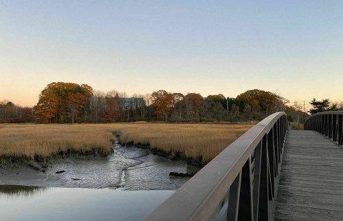 A wooden bridge leads over a marsh, with autumn trees in the background and a calm waterway reflecting the sky.