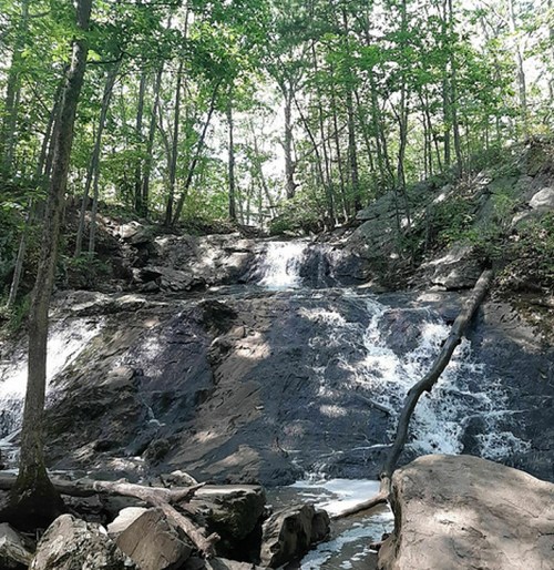 A serene waterfall cascading over rocky terrain, surrounded by lush green trees in a peaceful forest setting.