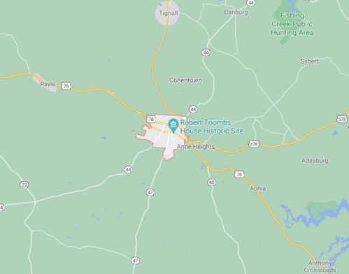 Map showing the location of Robert Toombs House Historic Site in Georgia, near Anne Heights and surrounding areas.