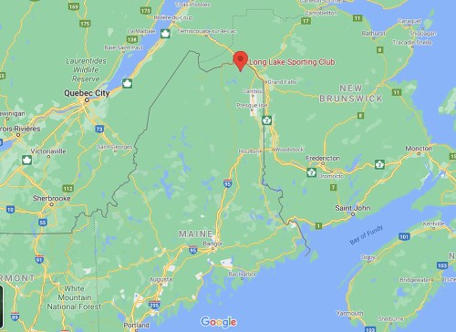 Map showing the location of Long Lake Sporting Club in northern Maine, near the border with Canada.
