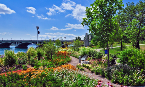 A vibrant garden with colorful flowers, trees, and a bridge in the background under a clear blue sky.
