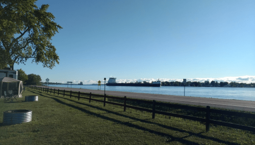 A calm river scene with a cargo ship in the distance, framed by trees and a grassy area along the shore.