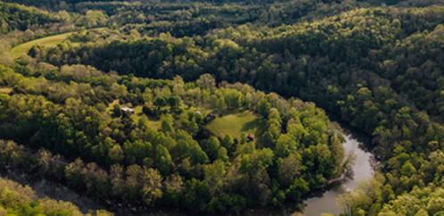 Aerial view of a lush green landscape with a winding river and a clearing surrounded by trees.