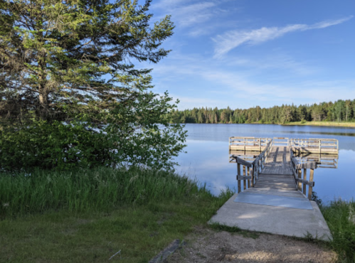 A serene lake view with a wooden dock extending into calm waters, surrounded by lush greenery and trees.