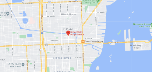 Map showing the location of United States Burger Service in El Portal, Miami, near Little River and North Bay Village.
