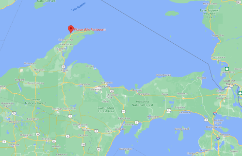 Map showing the location of Fitzgerald's Restaurant in Michigan, near Lake Superior and surrounding forests.
