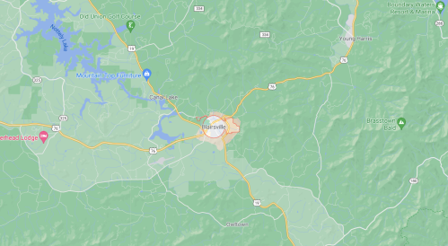 Map showing Blairsville, Georgia, with surrounding roads, lakes, and nearby landmarks.