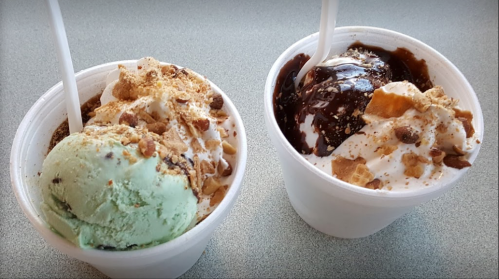 Two cups of ice cream: one mint chocolate chip with nuts, the other chocolate with whipped cream and toppings.