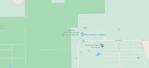 Map showing Audubon Corkscrew Swamp Sanctuary and Bird Gardens of Naples, with surrounding green areas and roads.