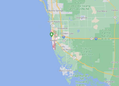 Map of southwestern Florida, highlighting Naples and surrounding areas, including parks and highways.