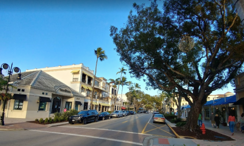A sunny street lined with palm trees, featuring shops and restaurants on either side.