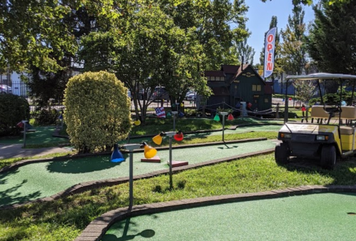 A mini-golf course with colorful flags, a golf cart, and a "OPEN" sign surrounded by trees and greenery.