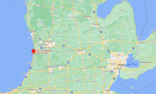 Map showing the location of Star of Saugatuck Boat Cruises near Saugatuck, Michigan, along the western coast.