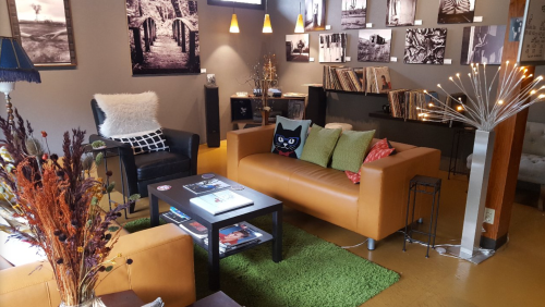 Cozy living room with a brown sofa, colorful cushions, plants, and framed photos on the walls, creating a warm atmosphere.
