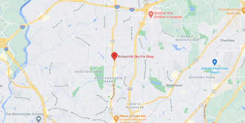 Map showing the location of Buttermilk Sky Pie Shop near Chastain Park in Atlanta, Georgia.