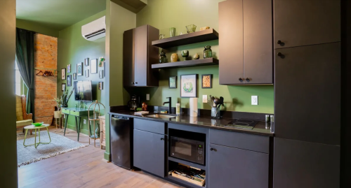 Modern kitchen with dark cabinets, green walls, and open shelving displaying decorative items.